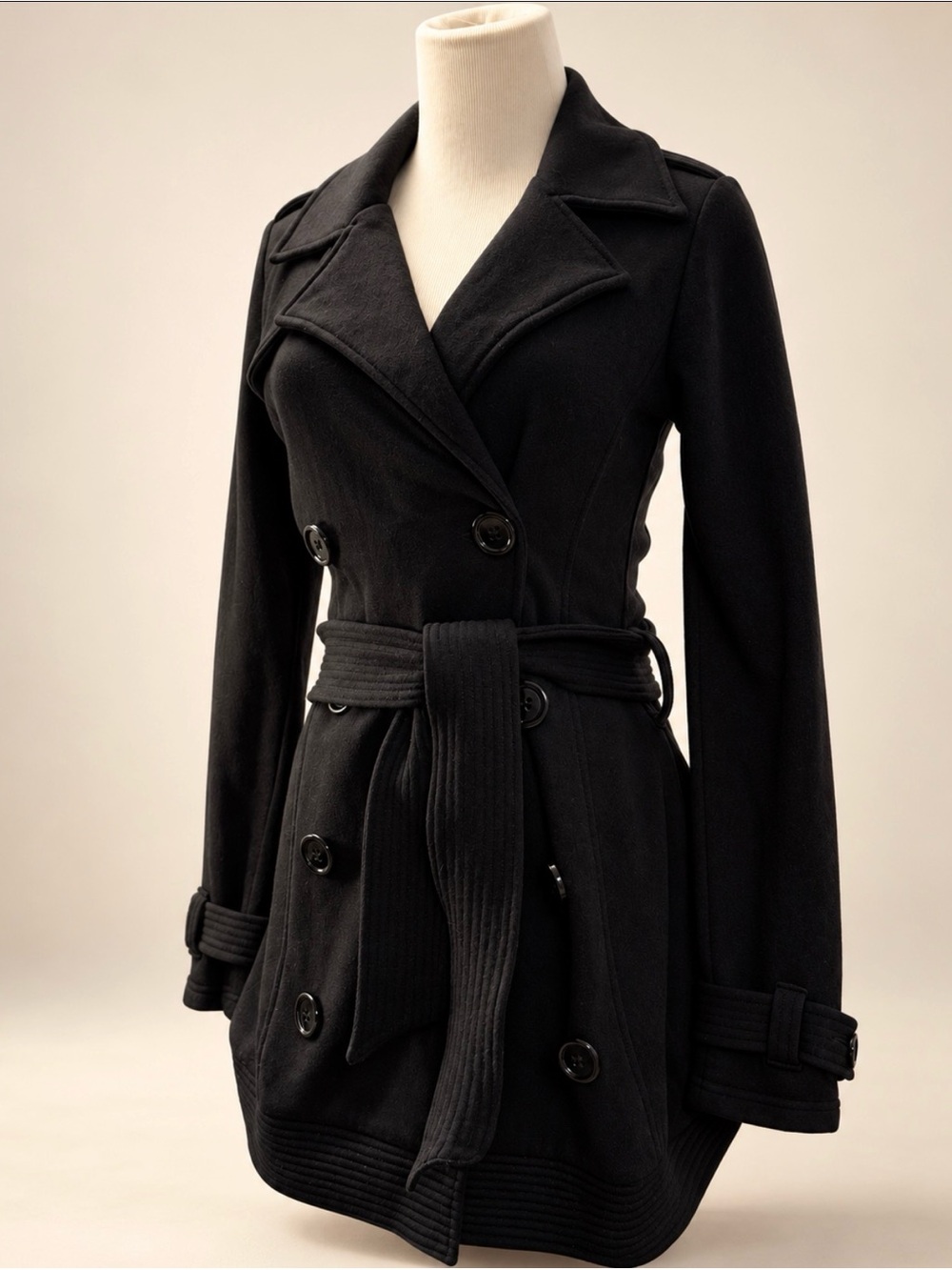 Black Double-Breasted Belted Trench Coat for Women